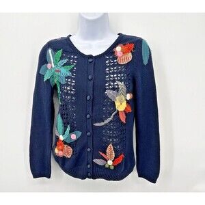 MONA+MABEL Anthropologie‎ "Floriography" Navy Cardigan Floral Appliques Sz S